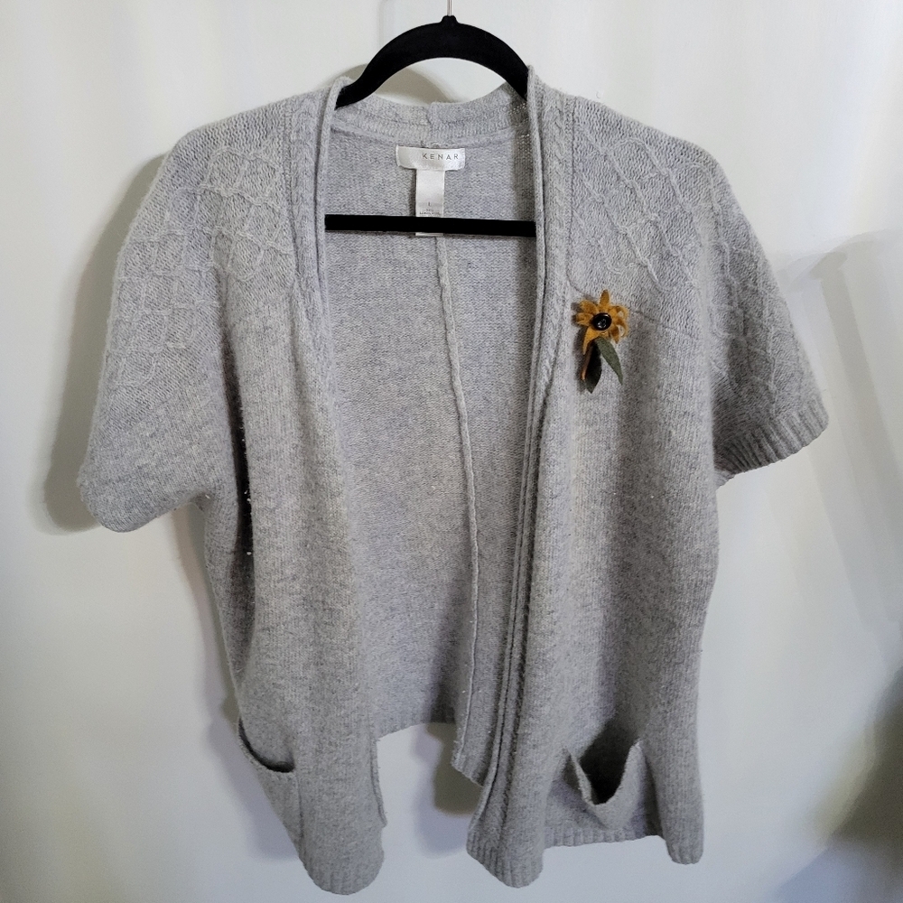 Kenar Wool and Angora Gray Cardigan with Flower Pin, Size Large